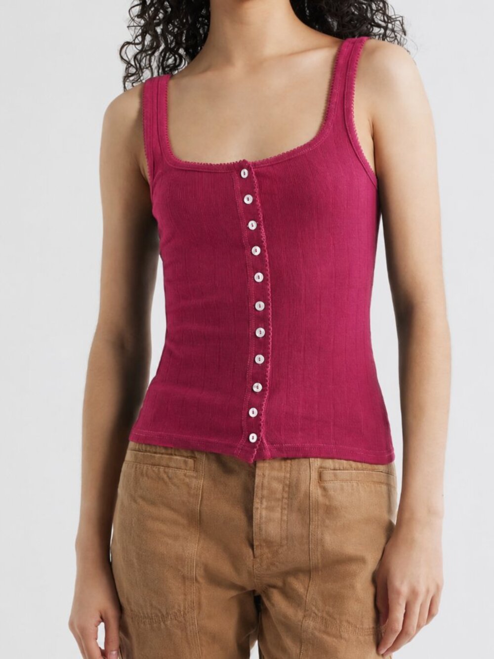 Free People End Game Pointelle Tank Berry Red Ribbed Button Front Sleeveless Top